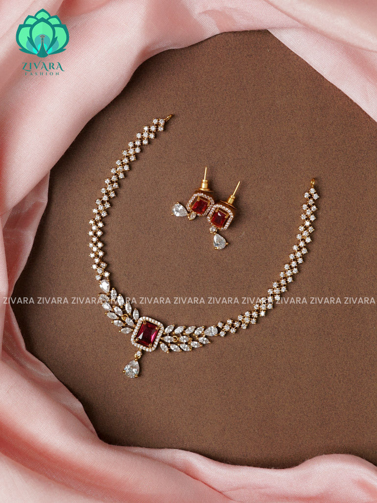 RUBY DIAMOND LOOK ALIKE  - stylish and minimal elegant neckwear with earrings- Zivara Fashion