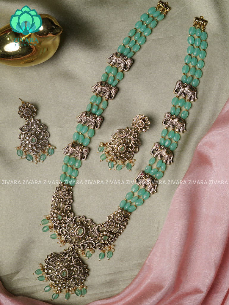 PASTEL GREEN BEADED ELEPHANT  - Traditional DARK VICTORIA polish long haaram/neckwear with earrings- Zivara Fashion