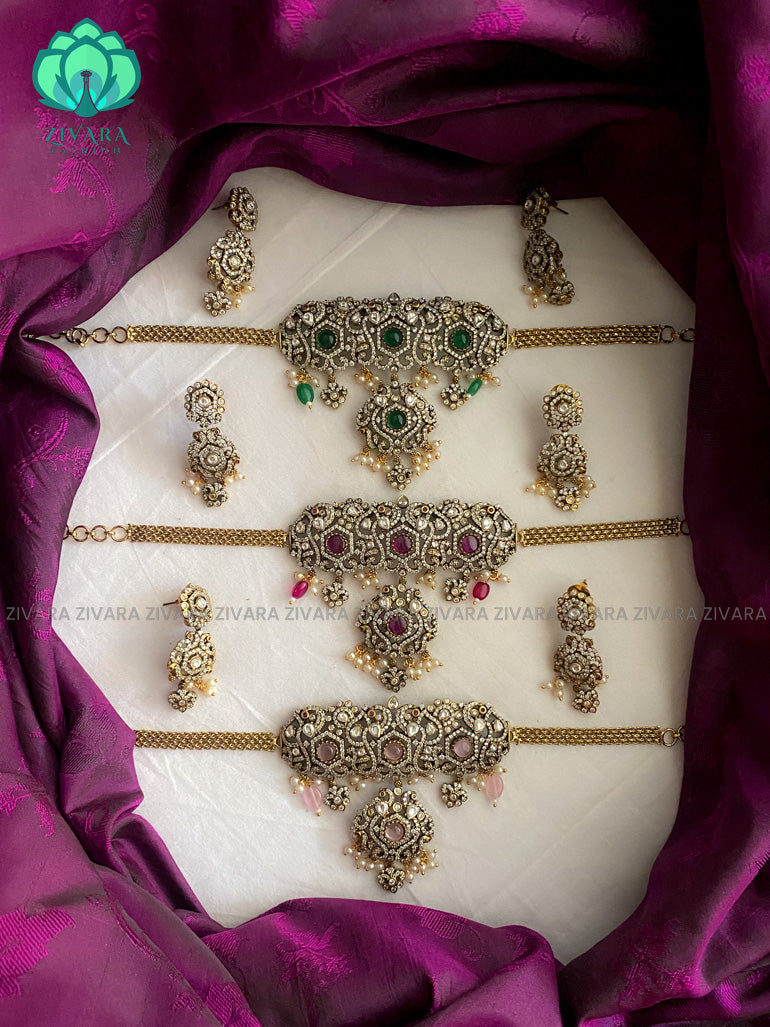 Bridal Motif free Victorian polish finish choker with earrings  - Premium quality CZ Matte collection-south indian jewellery