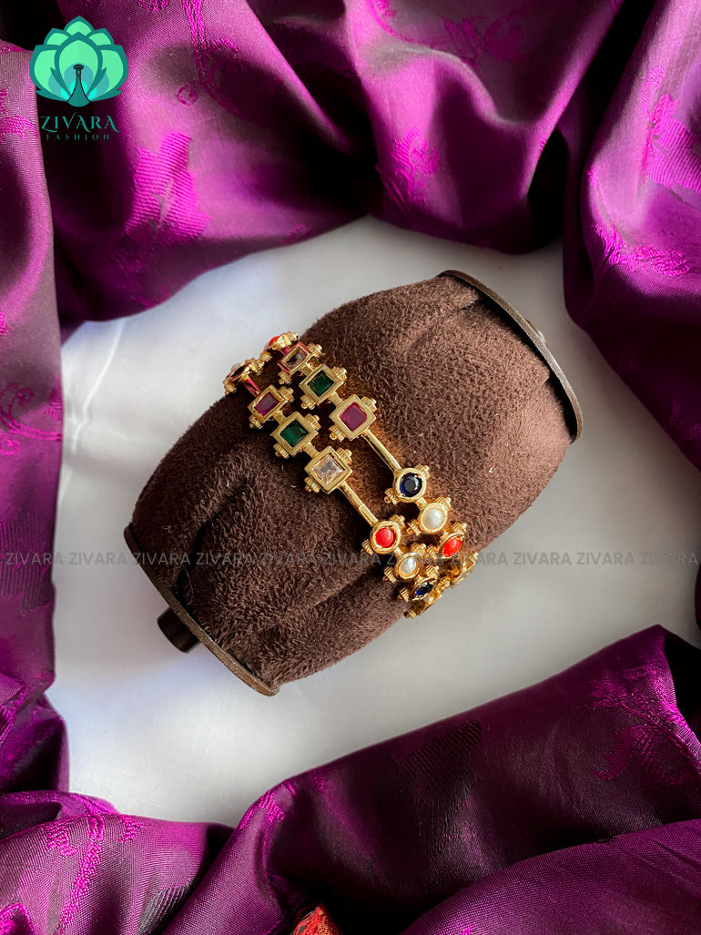 2 piece microgold polish navaratna bangles with cz stones-latest bangles collection
