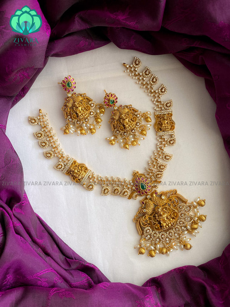 Temple pendant neckwear with earrings CZ matte Finish- Zivara Fashion