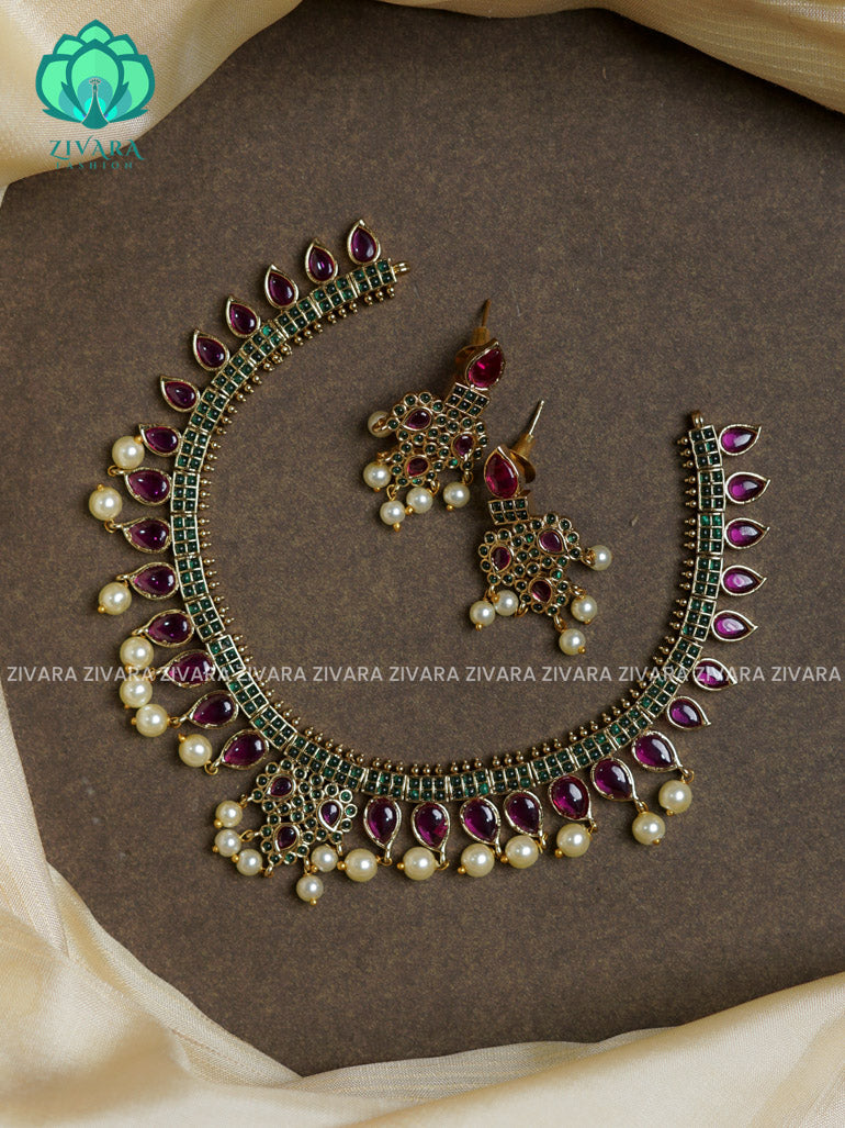 Scintillating real kemp  -Traditional south indian premium neckwear with earrings- Zivara Fashion- latest jewellery design.