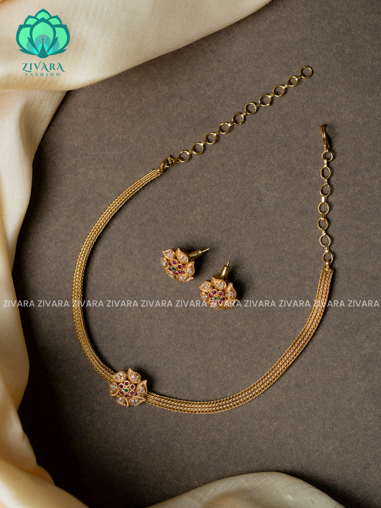 Backrope will be given as complimentary if chain is not included SEPERATELY in the order.FLEXIBLE CHAIN AND FLOWER PENDANT -Traditional south indian premium neckwear with earrings- Zivara Fashion- latest jewellery design.