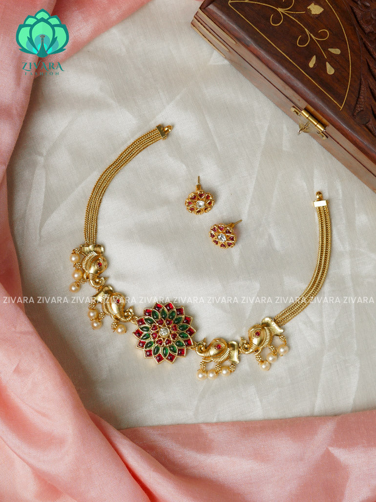 Ruby and Green -elephant and flower big normal matte choker with earrings-latest south indian jewellery