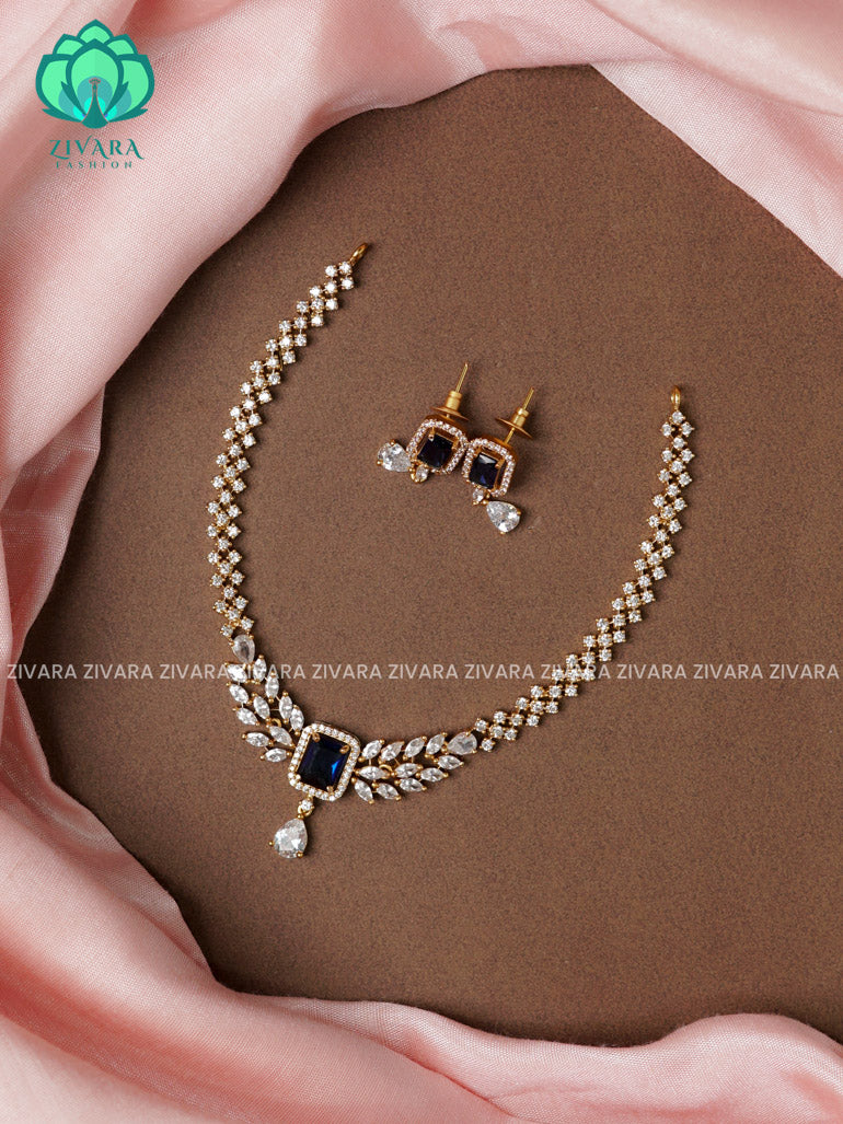 DARK BLUE DIAMOND LOOK ALIKE  - stylish and minimal elegant neckwear with earrings- Zivara Fashion