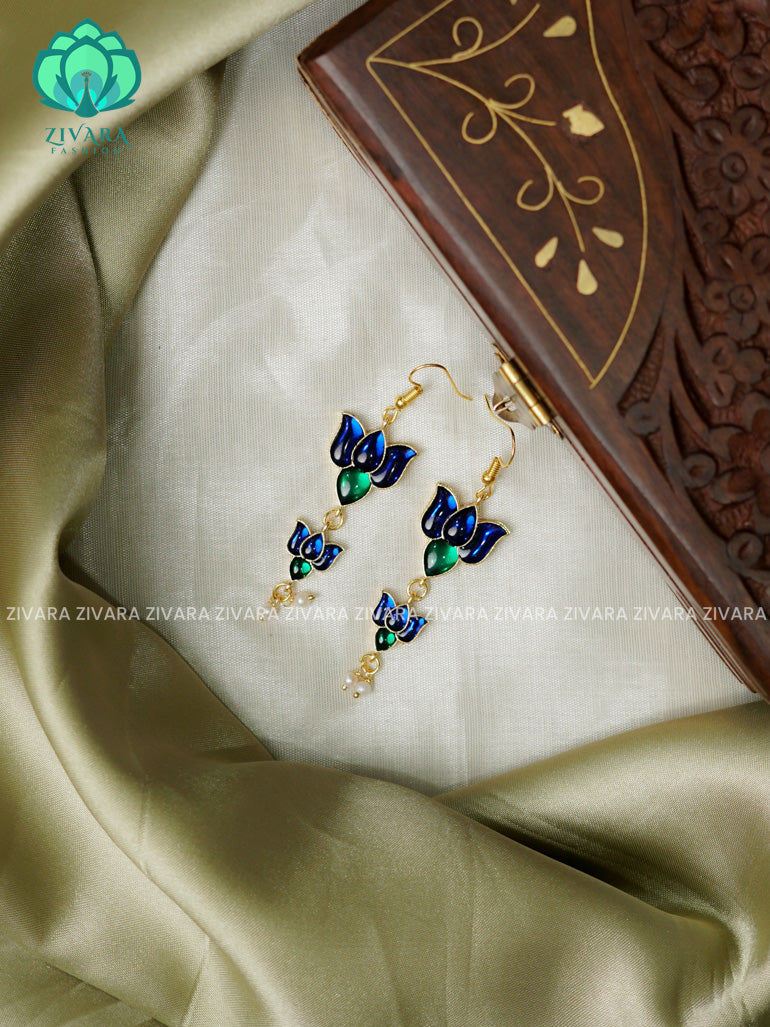 Blue  and green  -Tamara Cute enamel lotus dangler (1.5 inches)- latest jewellery collection- zivara fashion