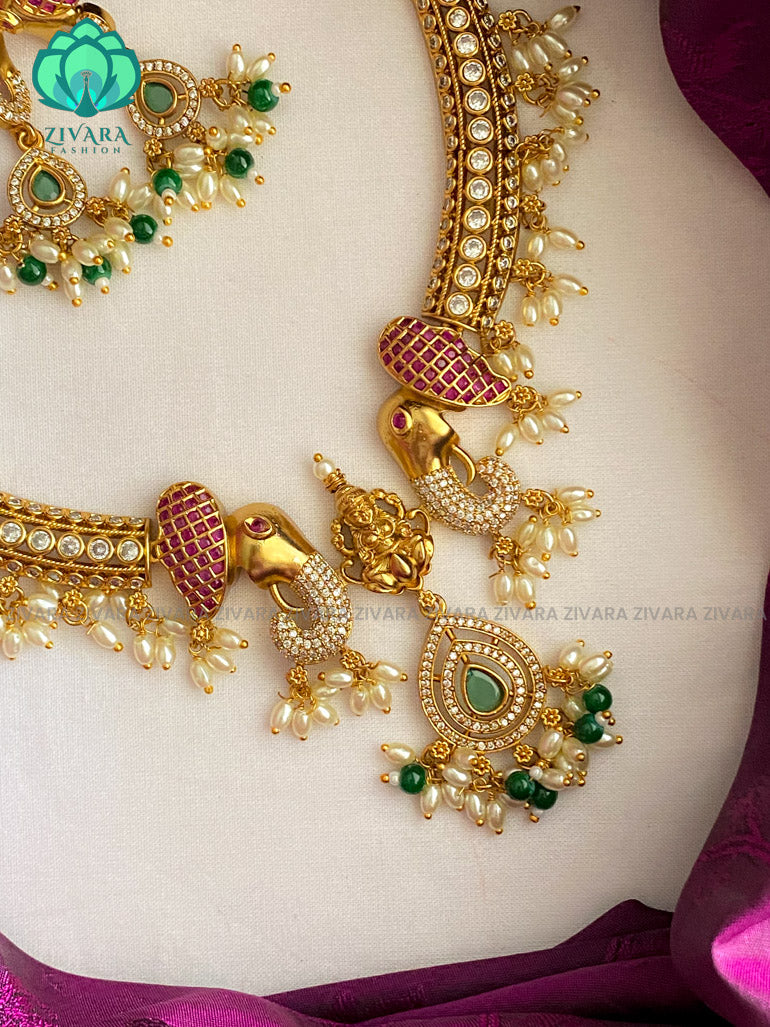 Queenly temple short hasli elephant necklace with earrings- latest bridal jewellery collection CZ Matte