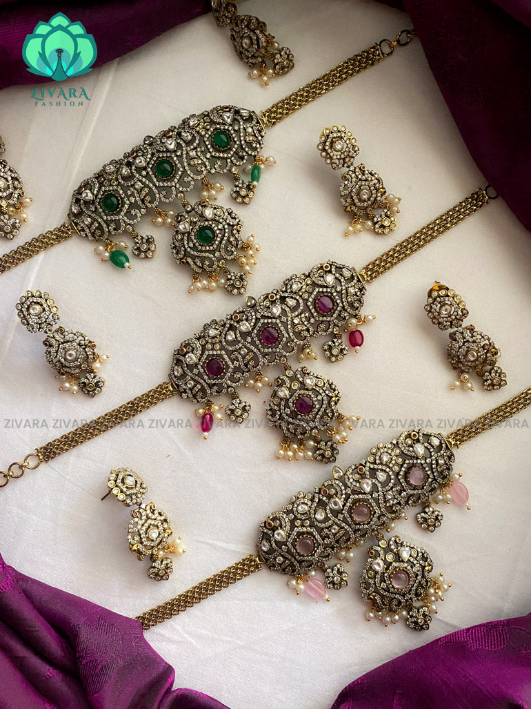 Bridal Motif free Victorian polish finish choker with earrings  - Premium quality CZ Matte collection-south indian jewellery