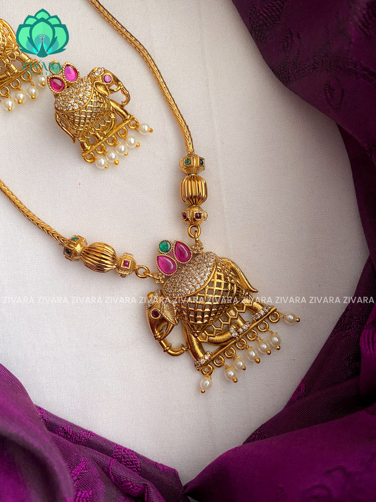 Elephant stone pendant flexible chain neckwear with earrings - Zivara Fashion
