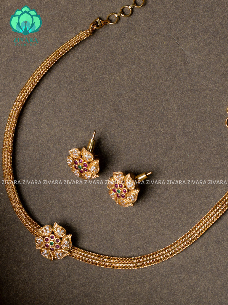 FLEXIBLE CHAIN AND FLOWER PENDANT -Traditional south indian premium neckwear with earrings- Zivara Fashion- latest jewellery design.