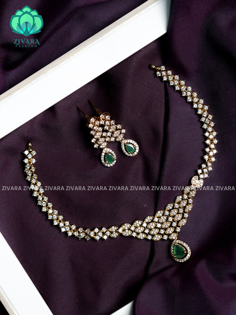 Diamond look alike green stone pendant - stylish and minimal elegant neckwear with earrings- Zivara Fashion