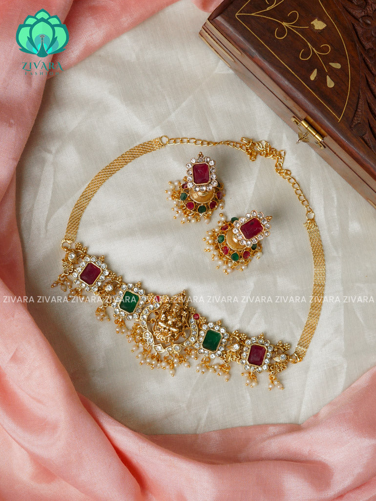 Ruby and Green -Temple big normal matte choker with earrings-latest south indian jewellery