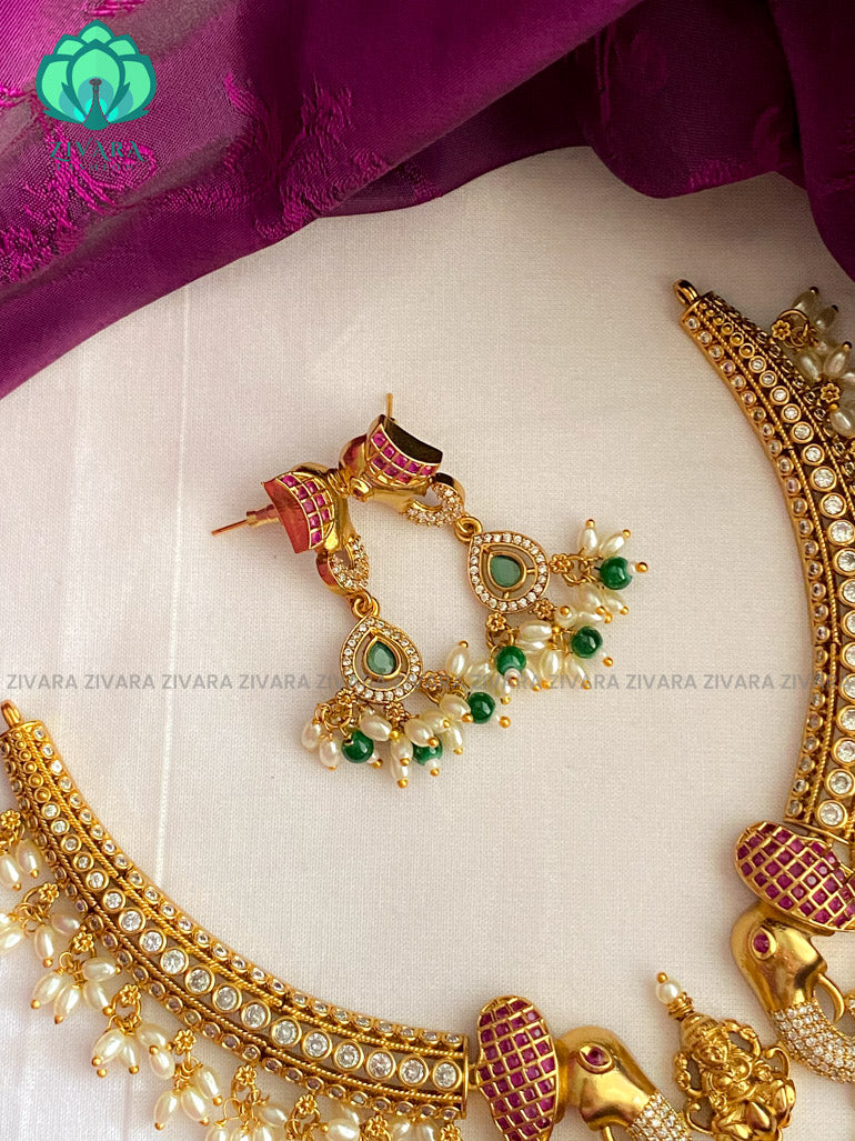 Queenly temple short hasli elephant necklace with earrings- latest bridal jewellery collection CZ Matte