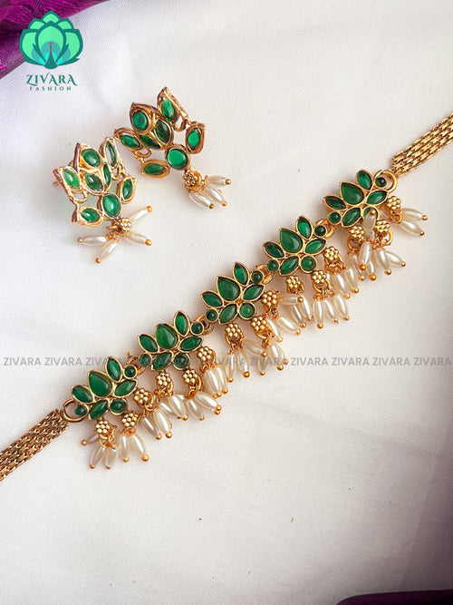 Gorgeous matte finish Lotus choker with studs - latest south indian jewellery