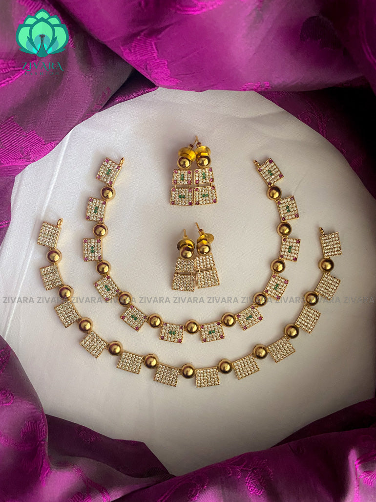 Elegant premium RECTANGLE STONE necklace with earrings  - Premium quality CZ Matte collection-south indian jewellery