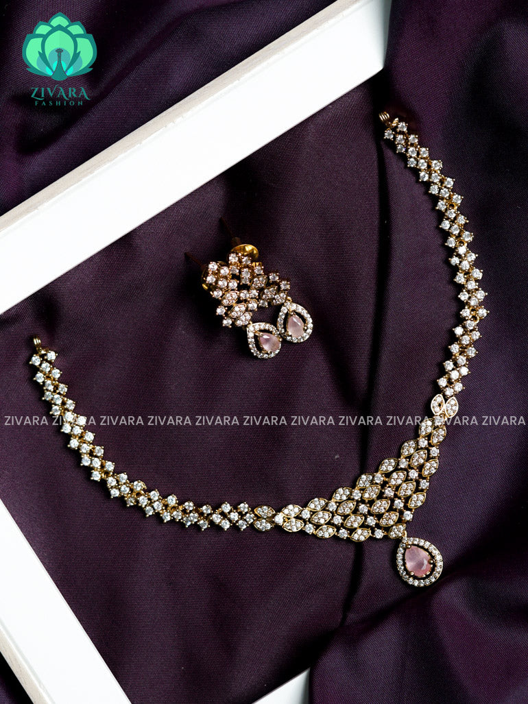 Diamond look alike pastel pink stone pendant - stylish and minimal elegant neckwear with earrings- Zivara Fashion