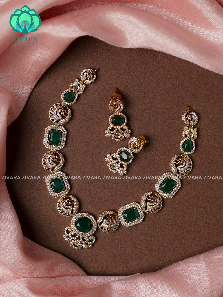 PEACOCK AND  GREEN STONE -Traditional south indian premium neckwear with earrings- Zivara Fashion- latest jewellery design.