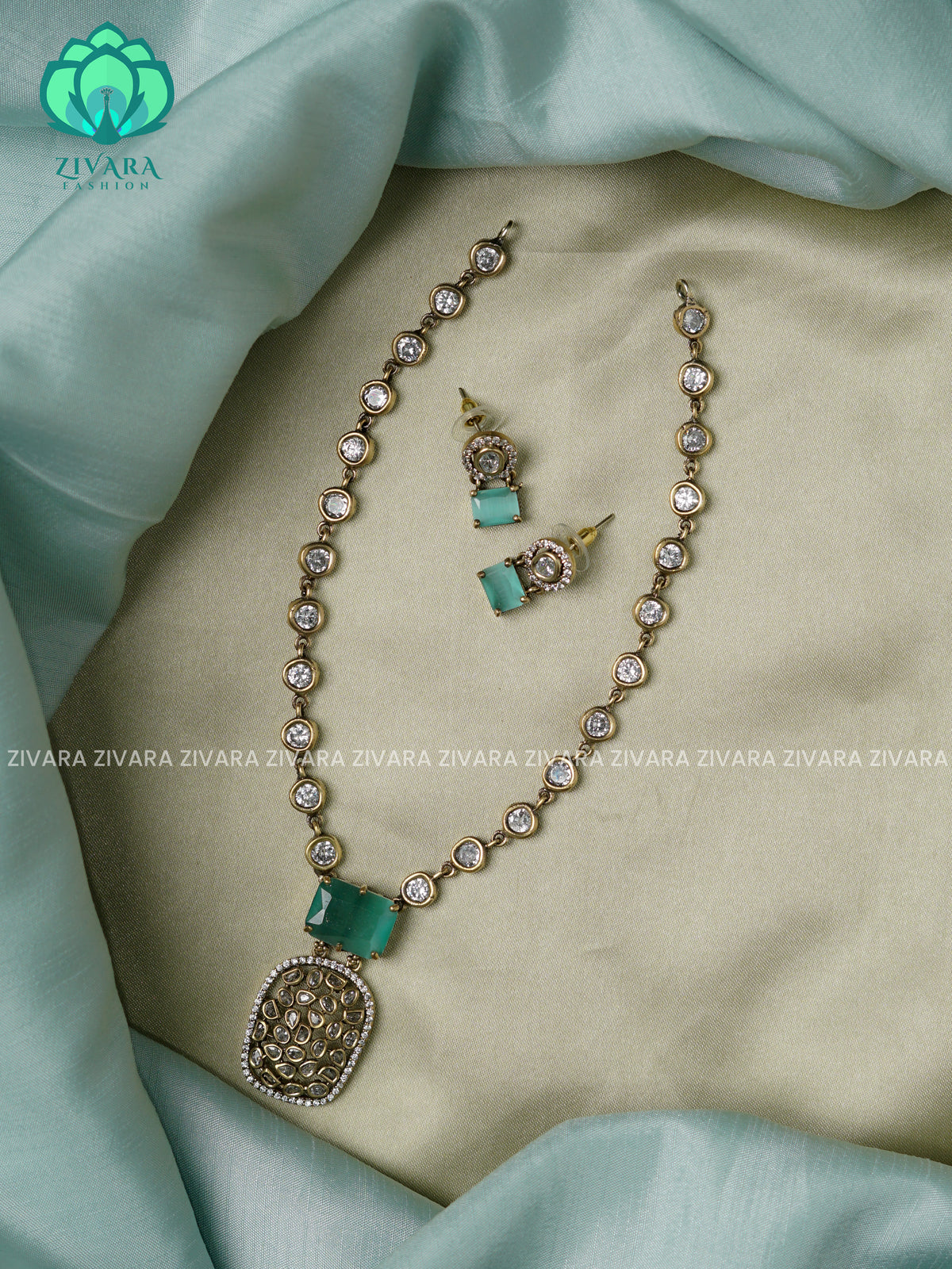 Pastel green- uncut stone pendant- Ultra premium victoria finish dark polish trending neckwear collection- bridal collection- Zivara Fashion