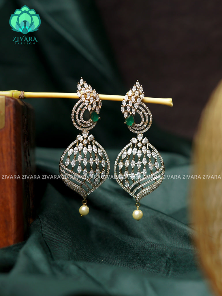 GREEN - Long (3 inches) and stylish bridal- Victoria dark polish finish hanging with studs- latest jewellery collection- zivara fashion