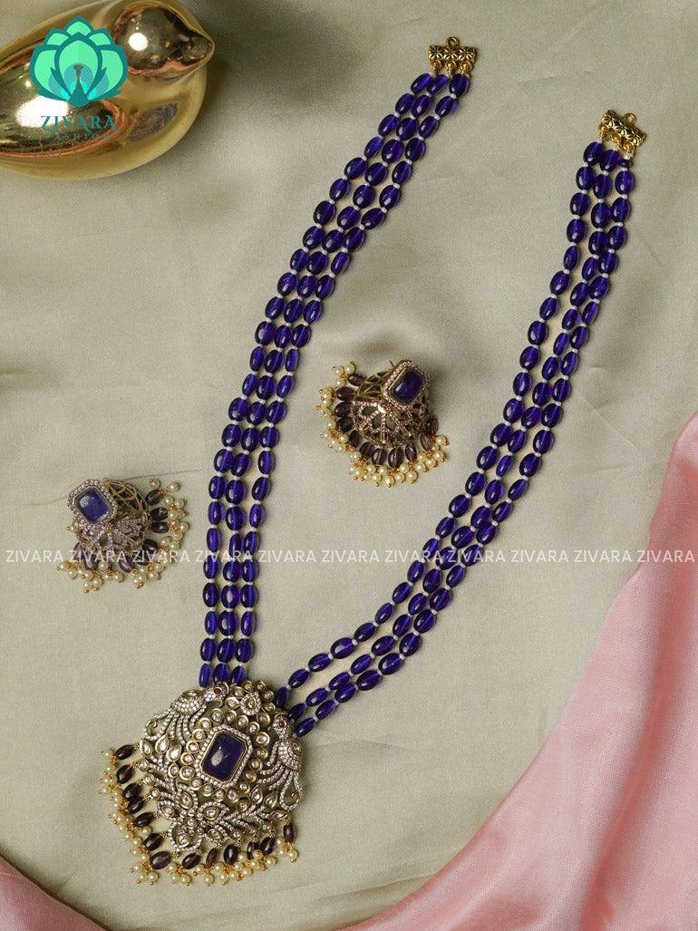 DARK BLUE BEADED  - Traditional DARK VICTORIA polish MIDCHEST haaram/neckwear with earrings- Zivara Fashion