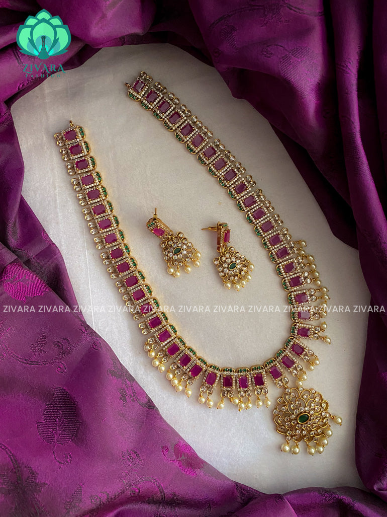 Real kemp bridal long box motif haaram with earrings- Premium quality CZ Matte collection