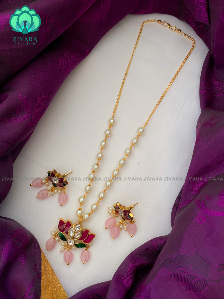 Enamel lotus pearl neckwear with earrings - Premium quality CZ Matte collection-south indian jewellery