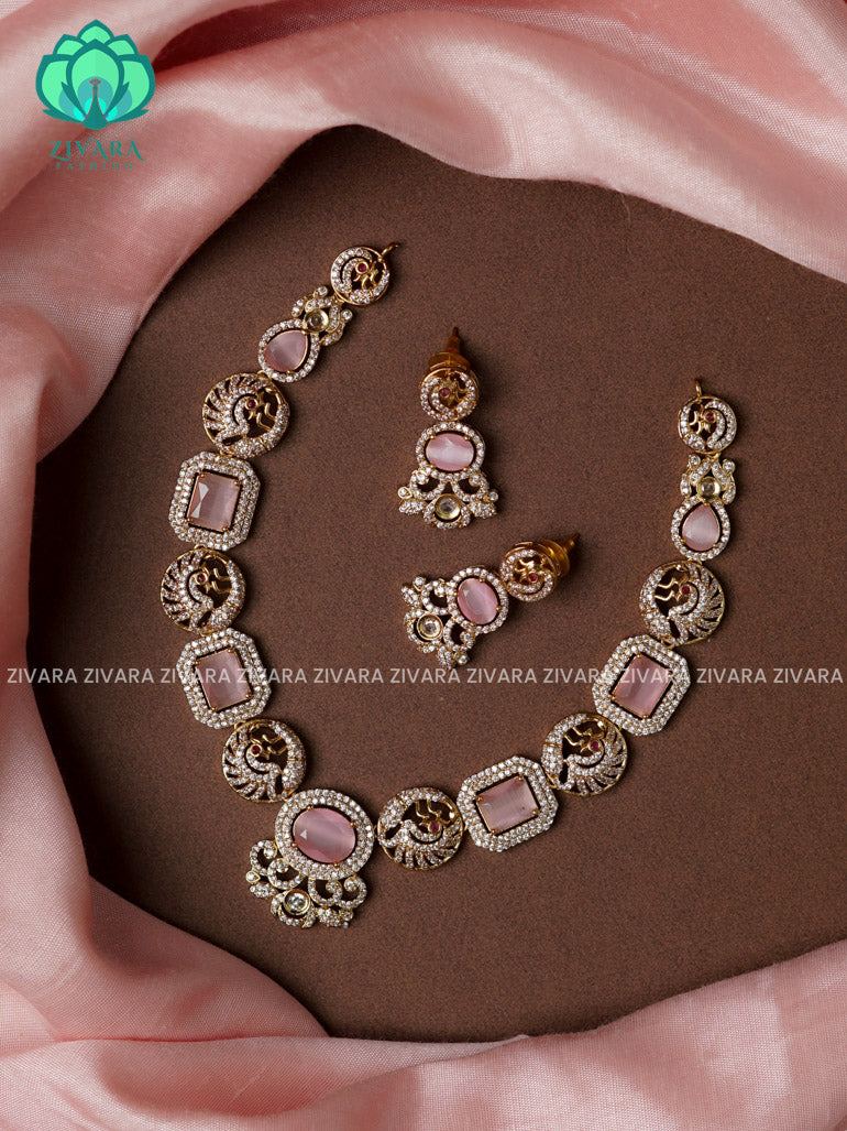 PEACOCK AND PASTEL PINK STONE -Traditional south indian premium neckwear with earrings- Zivara Fashion- latest jewellery design.