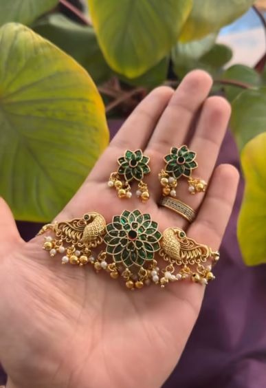 Green- Trending annapakshi flower choker with earrings-latest south indian jewellery
