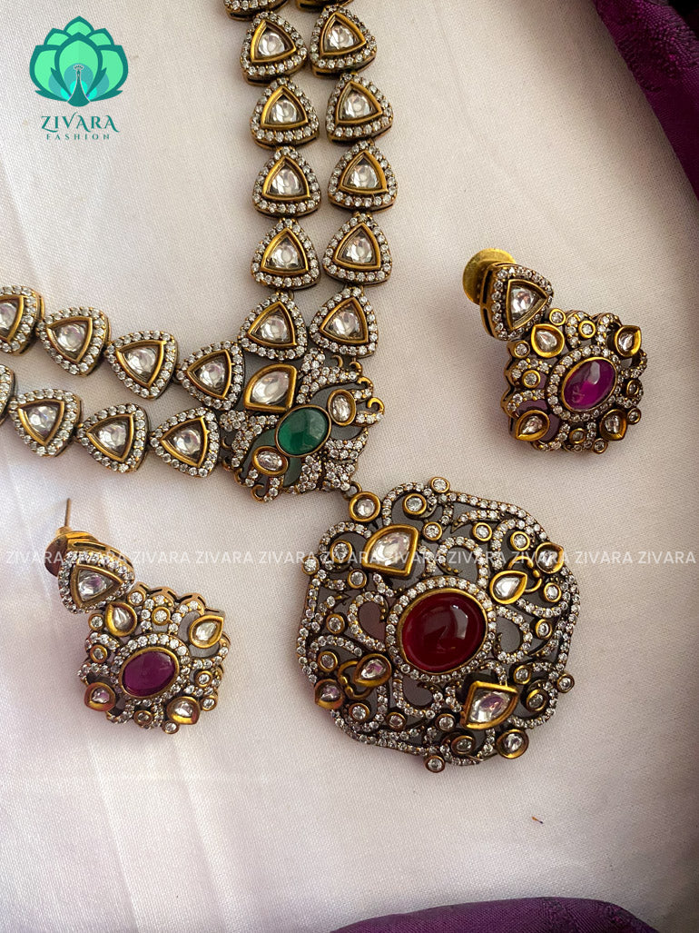 The Magnificient victorian long haaram with stones and earrings- Premium quality CZ Matte collection