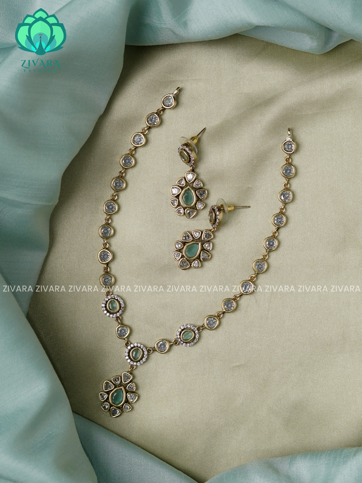 Pastel green- uncut stone - Ultra premium victoria finish dark polish trending neckwear collection- bridal collection- Zivara Fashion