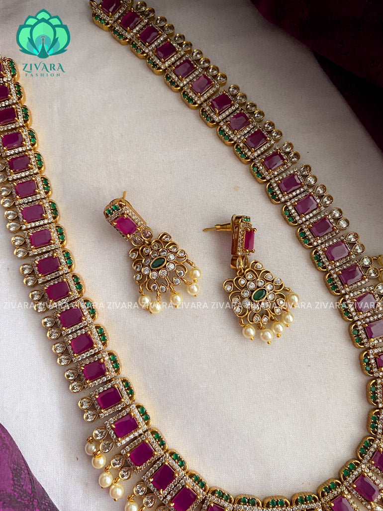 Real kemp bridal long box motif haaram with earrings- Premium quality CZ Matte collection