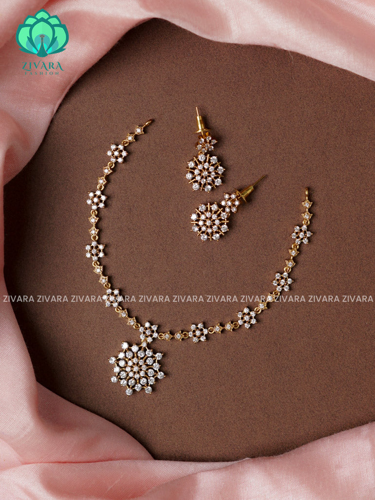 FLOWER WHITE STONE-  stylish and minimal elegant neckwear with earrings- Zivara Fashion