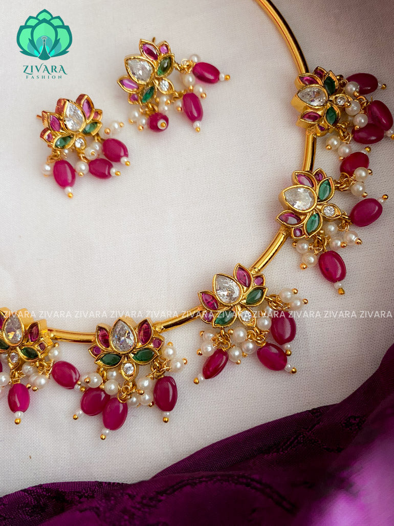 Matte finish small lotus hasli neckwear with earrings- latest gold look alike collection