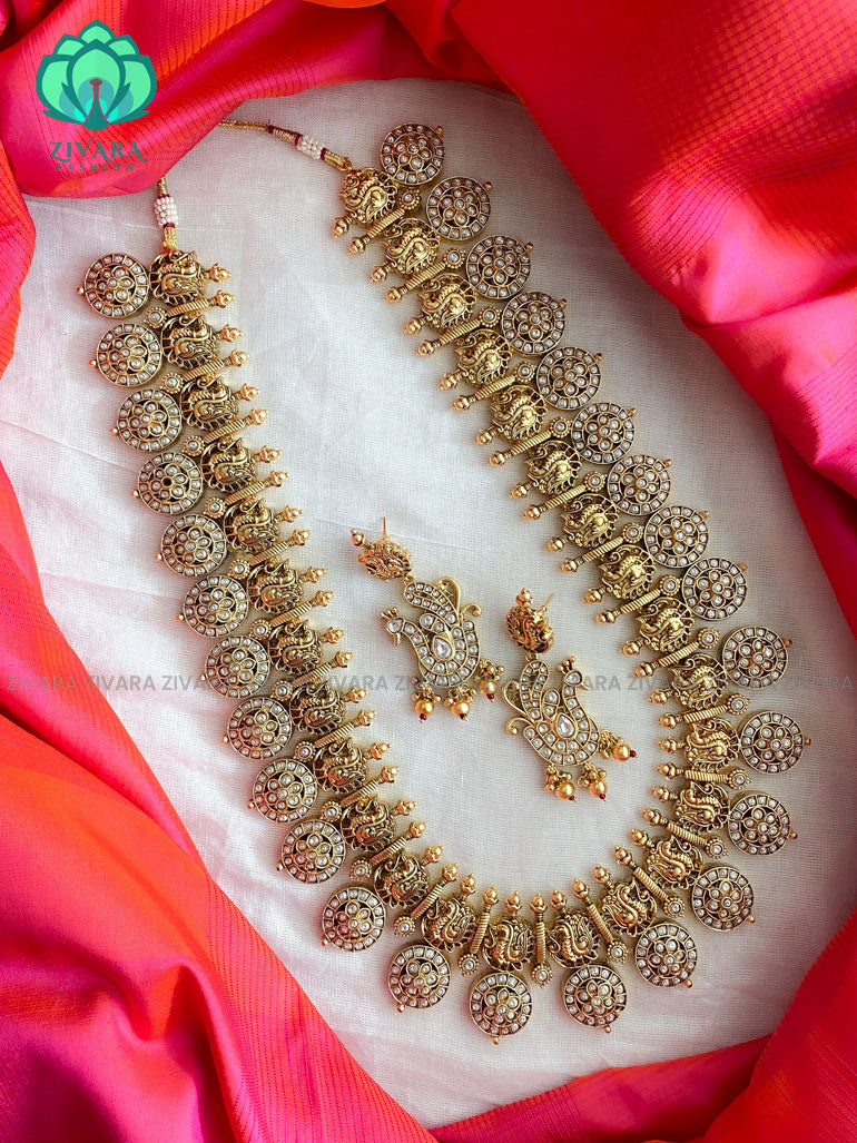 Brilliant finish annapakshi kundan stone bridal Haaram with earrings- CZ Matte Finish- Zivara Fashion