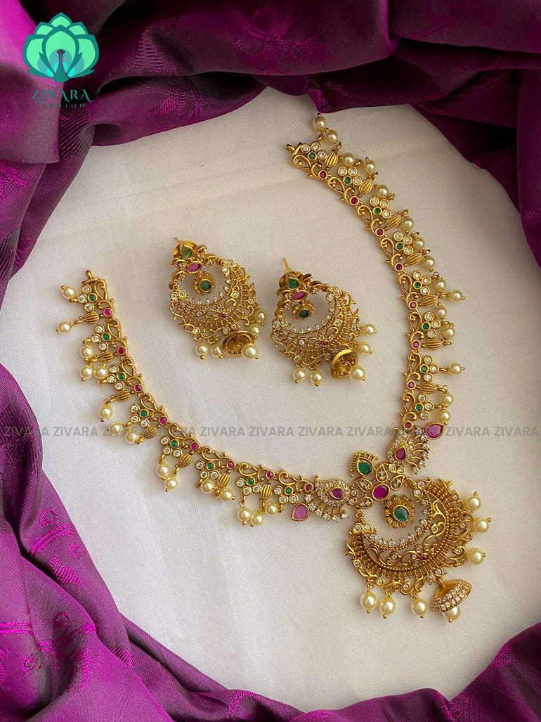 Motif free bridal pendant neckwear with earrings CZ matte Finish- Zivara Fashion