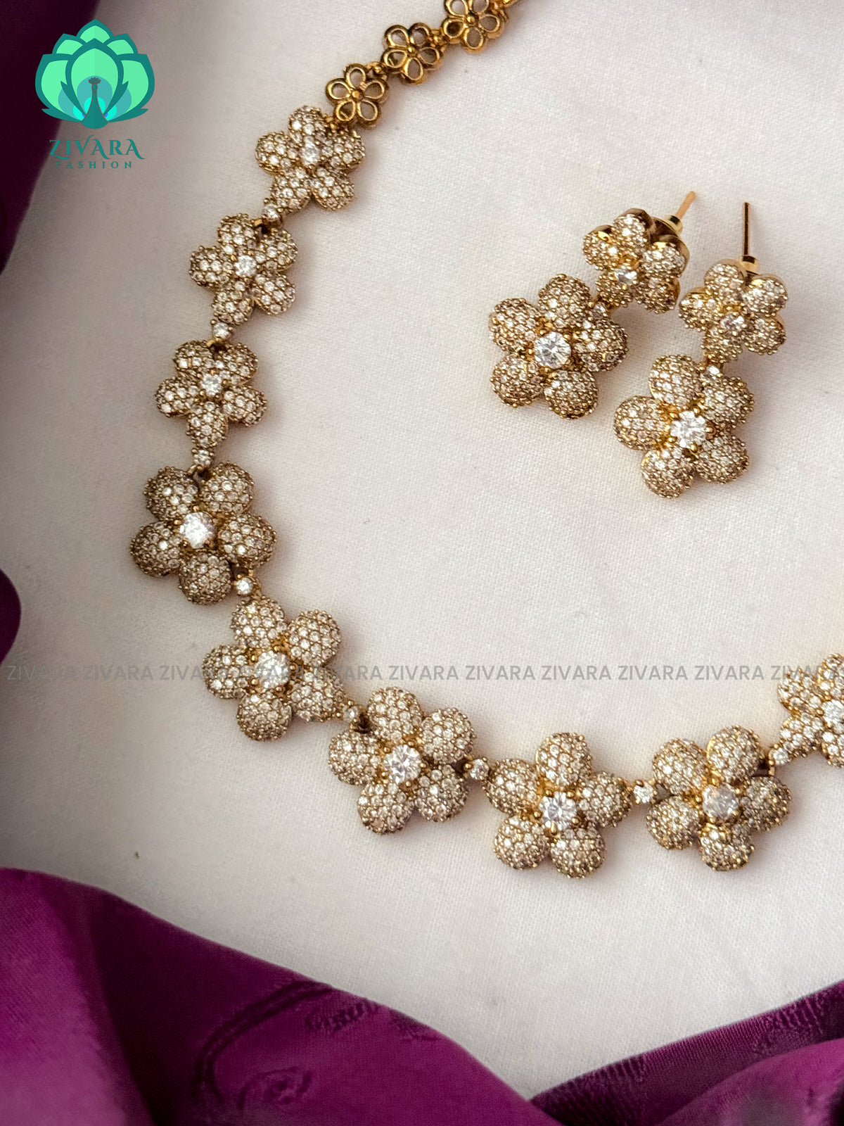 Cute elegant flower white stone Neckwear with earrings- Zivara Fashion