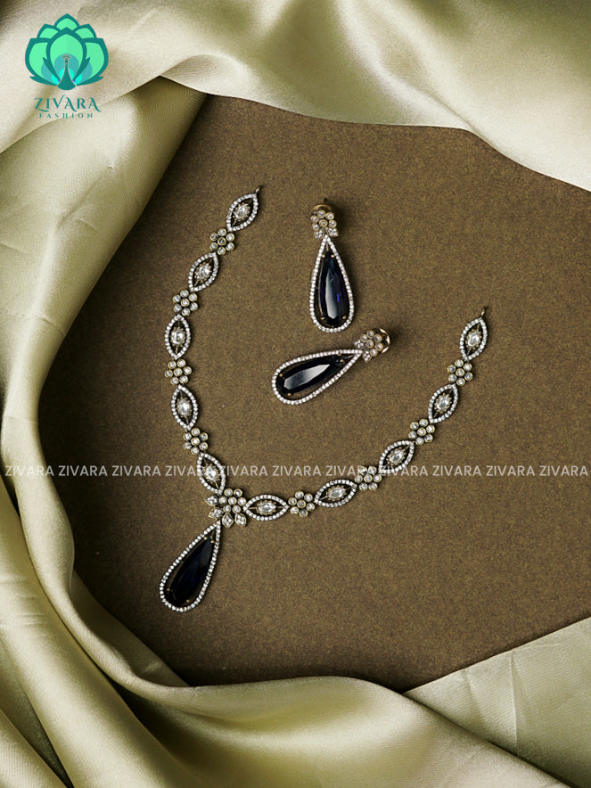 Dark blue-Tear pendant - Diamond look alike  - Ultra premium victoria finish dark polish trending neckwear collection- bridal collection- Zivara Fashion