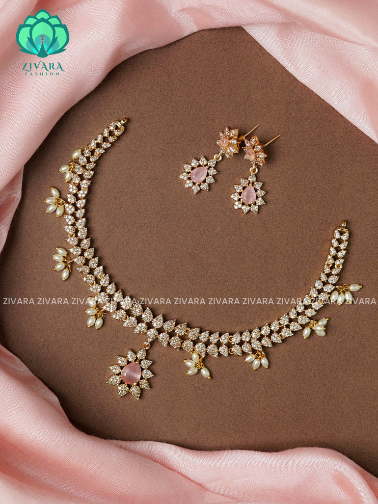 PASTEL PINK- FLOWER PENDANT BRIGHT GOLD  - stylish and minimal elegant neckwear with earrings- Zivara Fashion