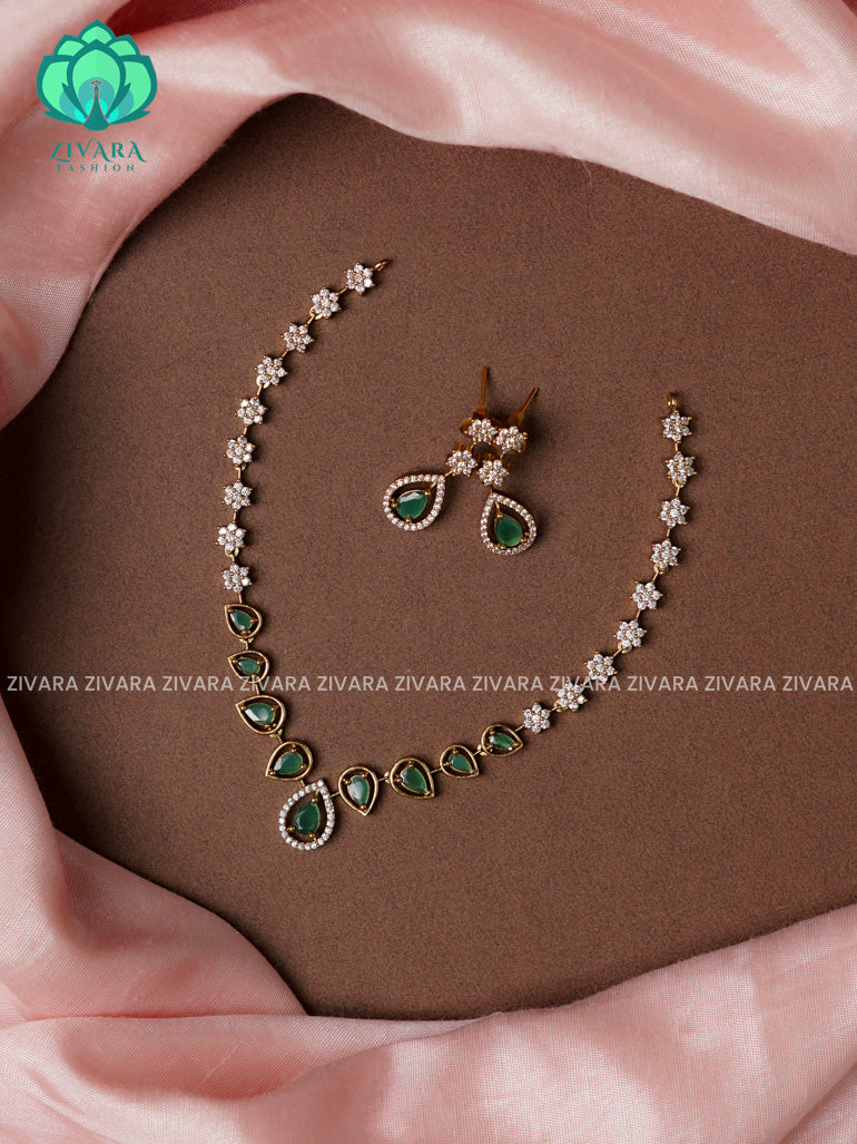 GREEN AND WHITE -TEAR MOTIF- stylish and minimal elegant neckwear with earrings- Zivara Fashion
