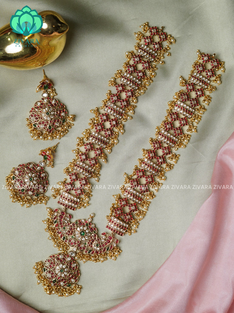 U PENDANT - Traditional premium gold polish long haaram/neckwear with earrings- Zivara Fashion