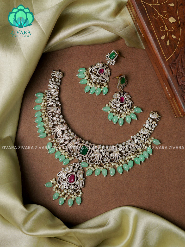 pastel green beads -peacock bridal stone- Ultra premium victoria finish dark polish trending neckwear collection- bridal collection- Zivara Fashion