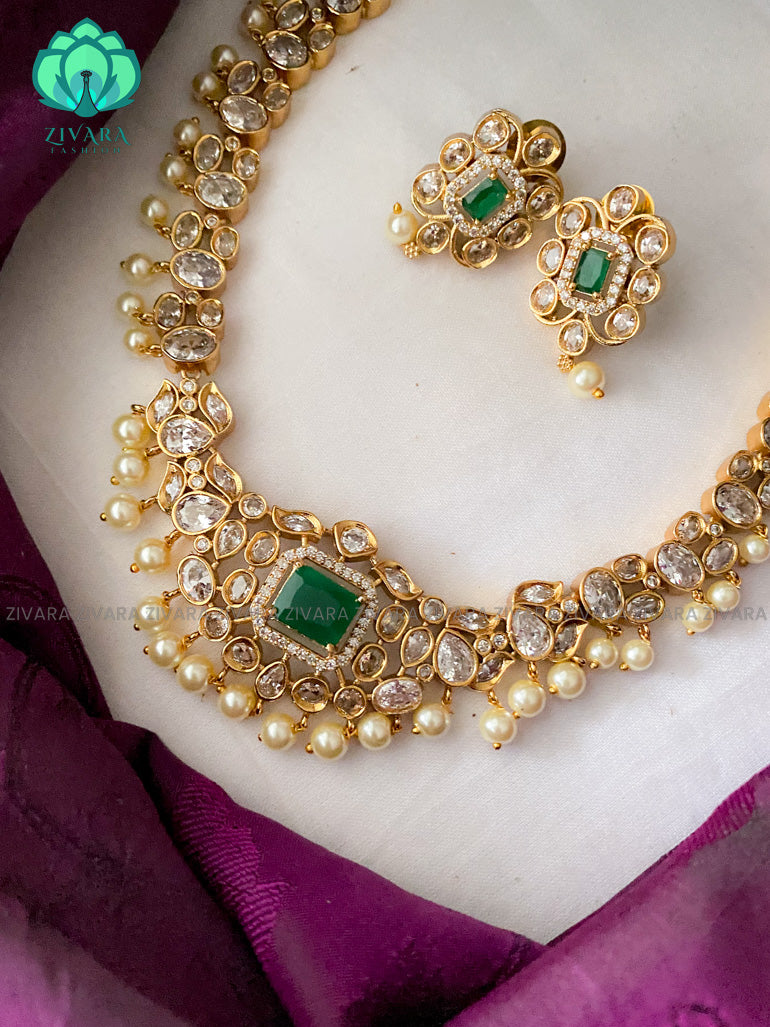 Bridal Polki stone necklace with earrings CZ matte Finish- Zivara Fashion