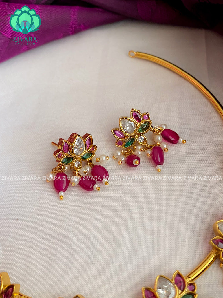 Matte finish small lotus hasli neckwear with earrings- latest gold look alike collection