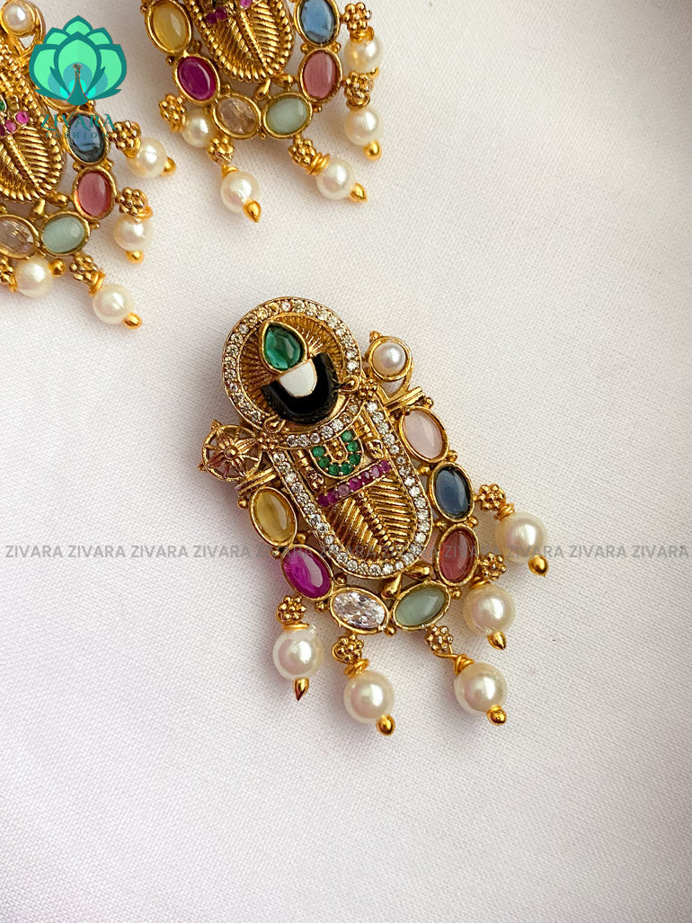 Divine enamel tirumal pendant set with earrings- Zivara Fashion