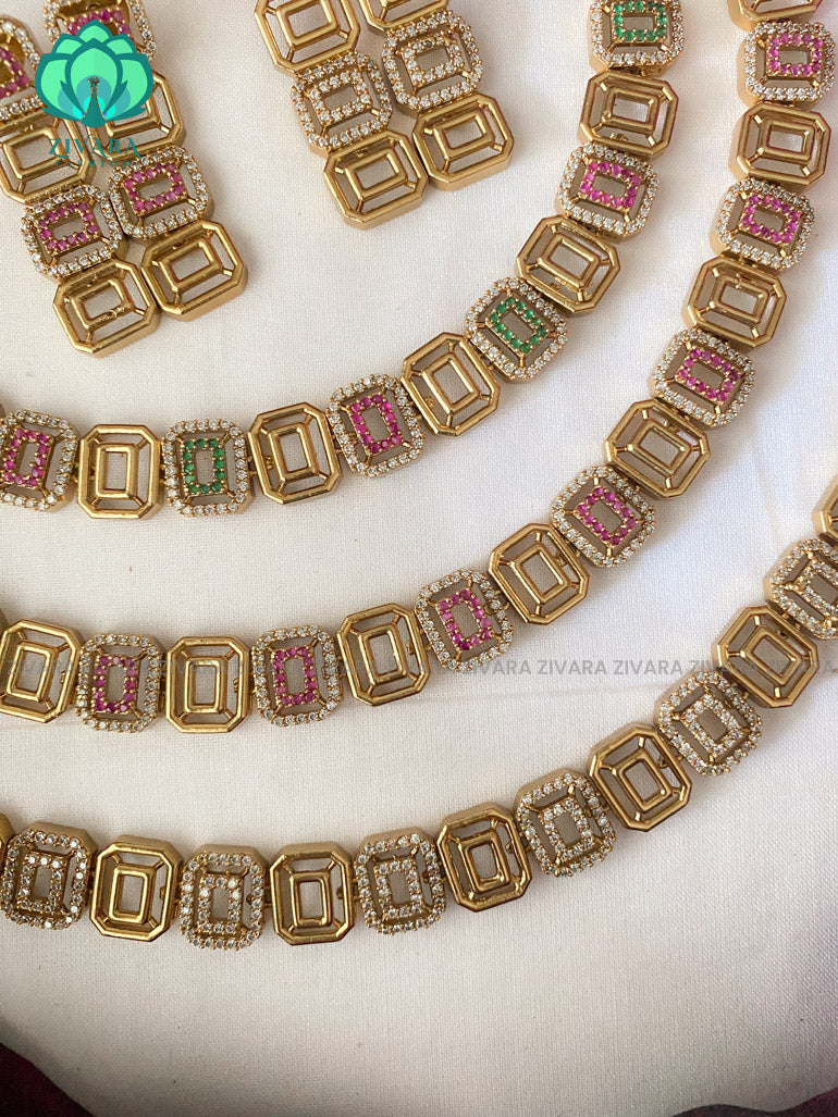 Gold like box elegant necklace with earrings CZ matte Finish- Zivara Fashion