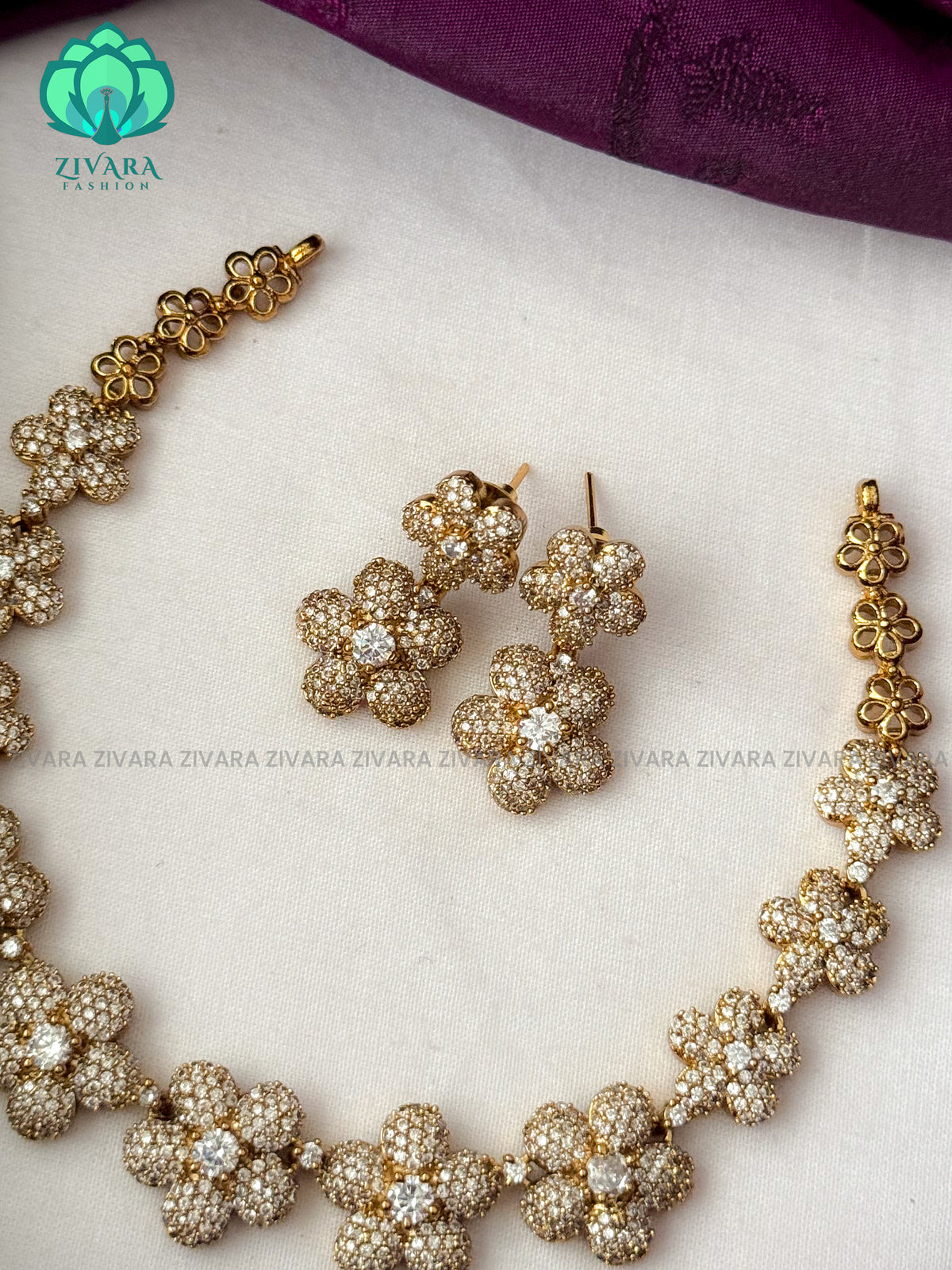 Cute elegant flower white stone Neckwear with earrings- Zivara Fashion