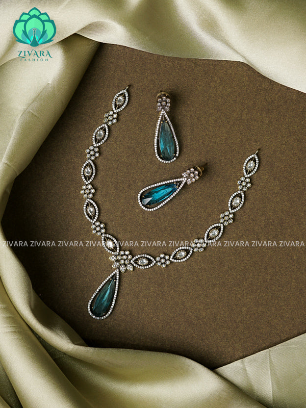 Light blue -Tear pendant - Diamond look alike  - Ultra premium victoria finish dark polish trending neckwear collection- bridal collection- Zivara Fashion