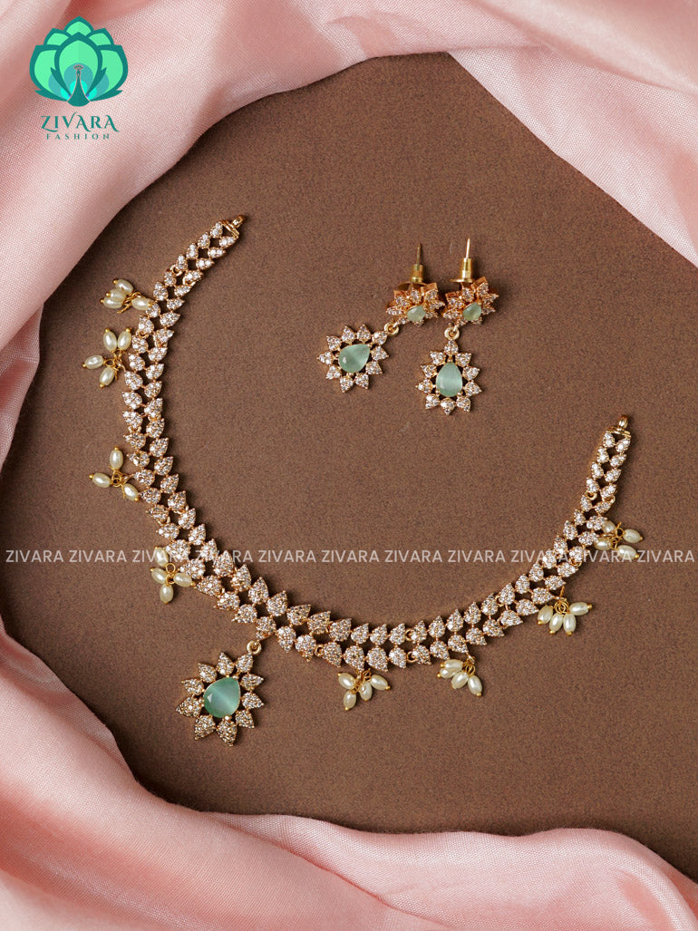 PASTEL GREEN- FLOWER PENDANT BRIGHT GOLD  - stylish and minimal elegant neckwear with earrings- Zivara Fashion