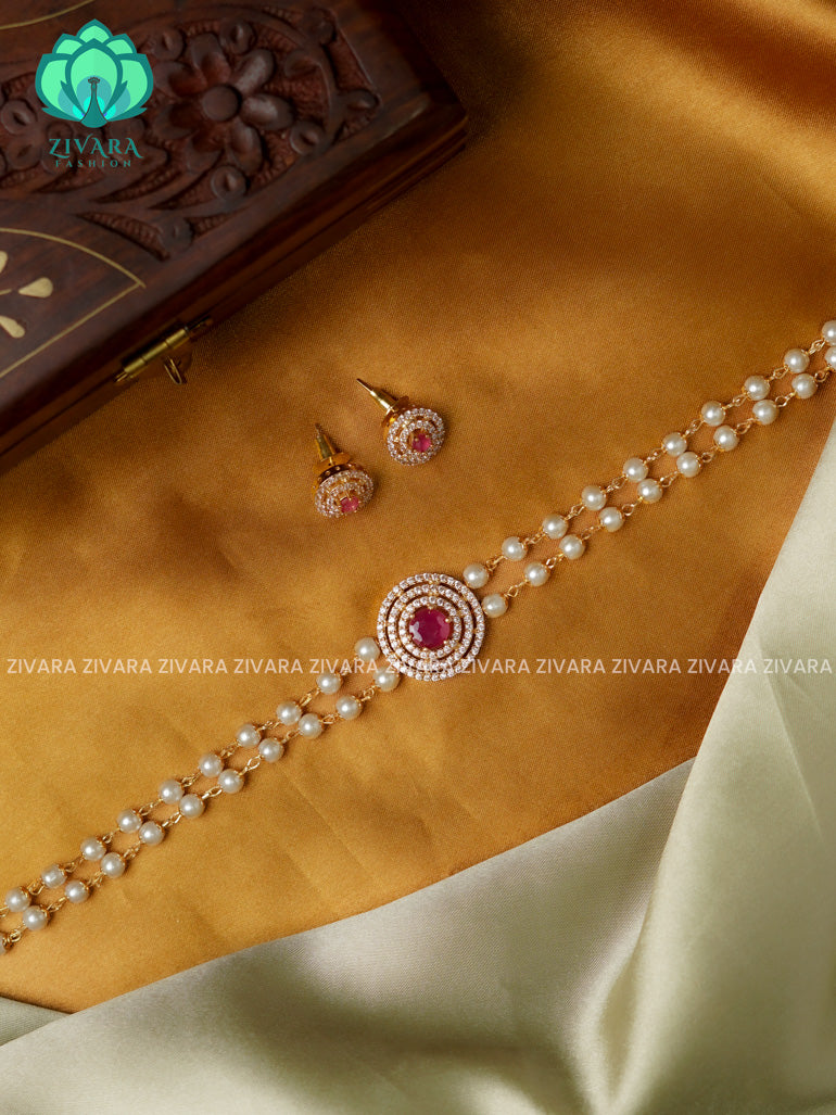 RUBY- circle pendant pearl choker -TRADITIONAL CHOKER COLLECTION WITH EARRINGS- LATEST JEWELLERY COLLECTION