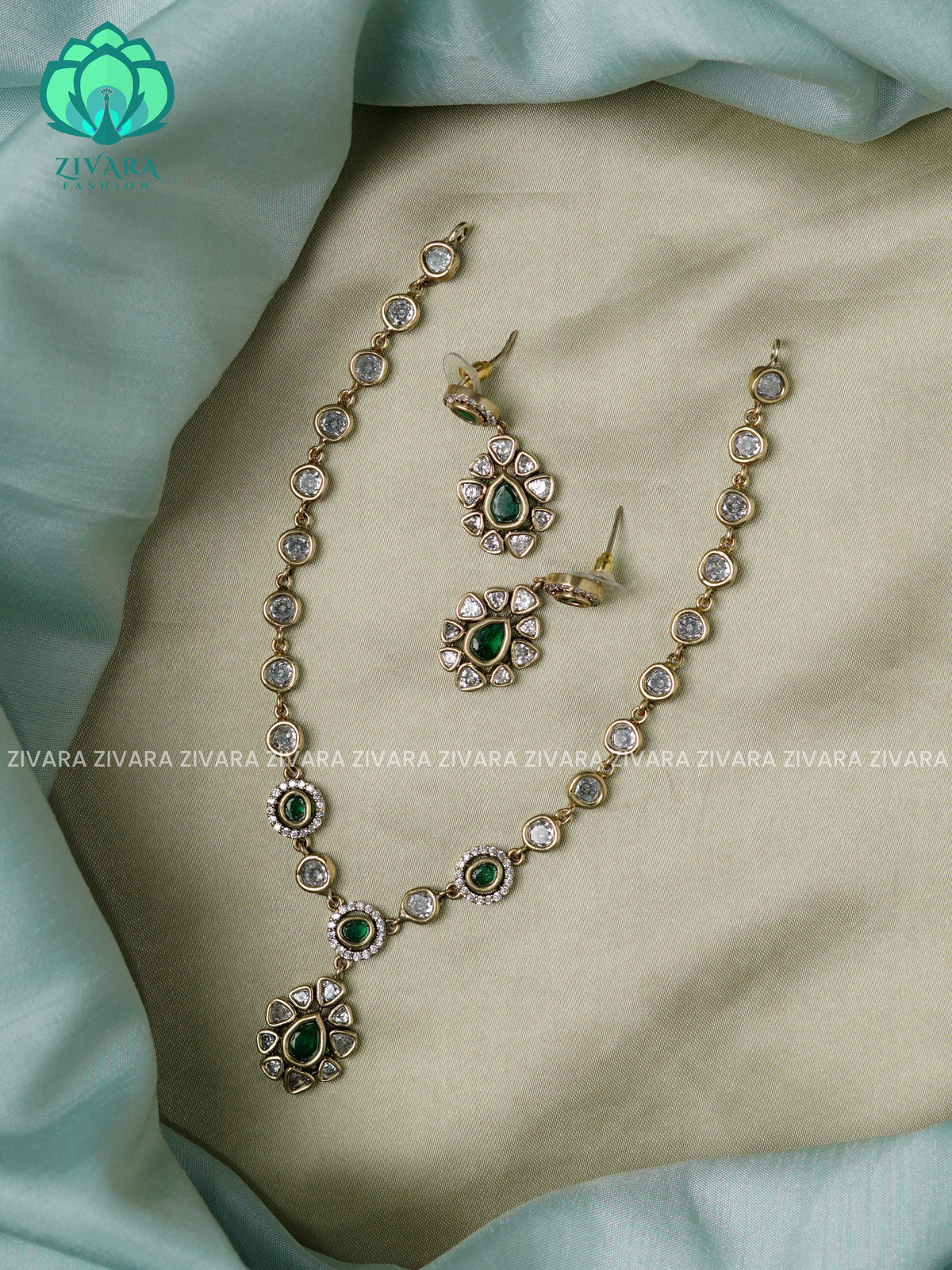 Green - uncut stone - Ultra premium victoria finish dark polish trending neckwear collection- bridal collection- Zivara Fashion